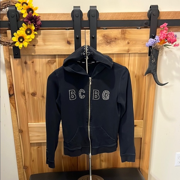 BCBG Black Zip-Up Hoodie with Silver Beaded Lettering - Picture 1 of 8